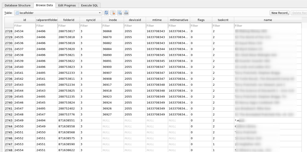 Contents of the localfolder table