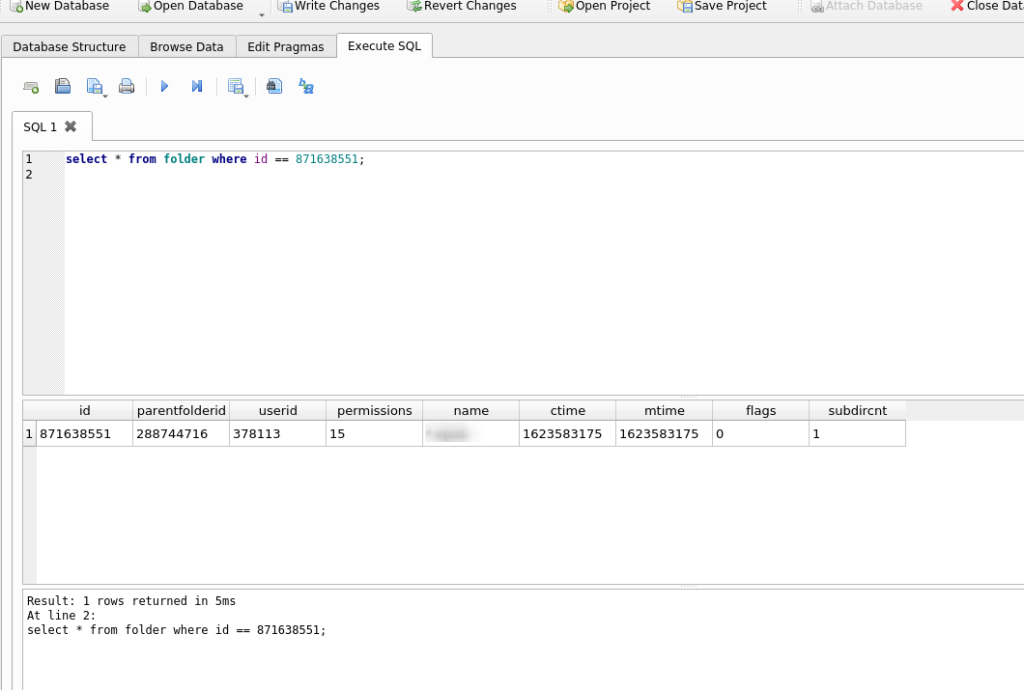 Result of the SQL query
